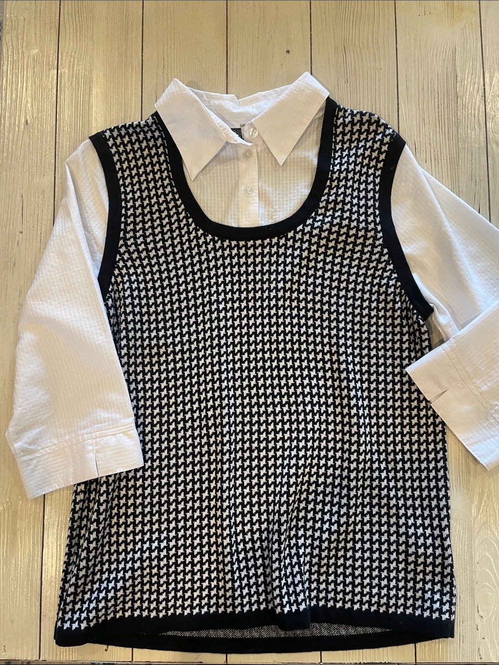 Allison Daley Black & White Houndstooth Sweater Vest with White Shirt Detail